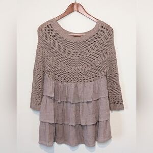 Entro L Dusty Rose Blush Pink Boho Tier Ruffle Gypsy Tunic Top Crochet Sweater